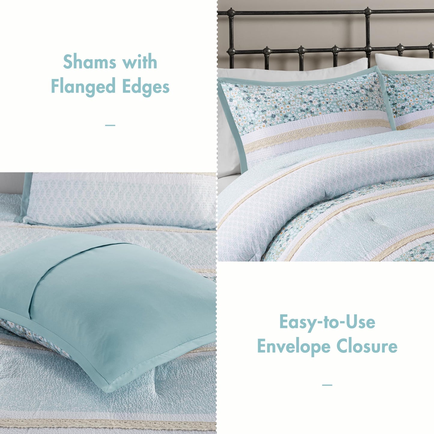 Madison Park Comforter Set, Seersucker Floral King Size Comforter Sets, Microfiber Comforters, All Season Lightweight Comforter, Throw Pillows, Caralie, King/Cal King Aqua 5 Piece