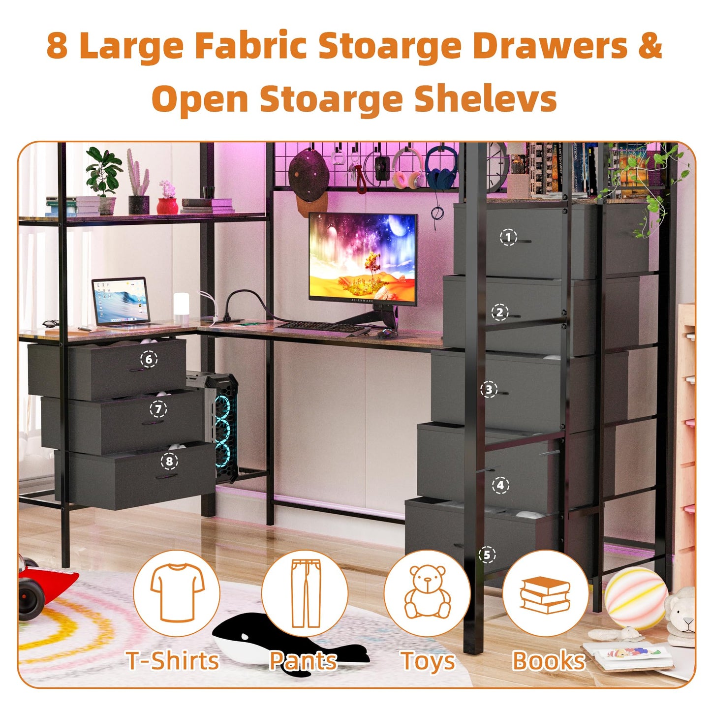 Godchoices Twin Size Loft Bed with L-Shaped Desk and 8 Storage Drawers, Metal Bunk Bed Frame with LED Lights,Power Outlet and 3 Storage Shelves,Twin Loft Bed with Safety Guardrail & Ladder (Black)