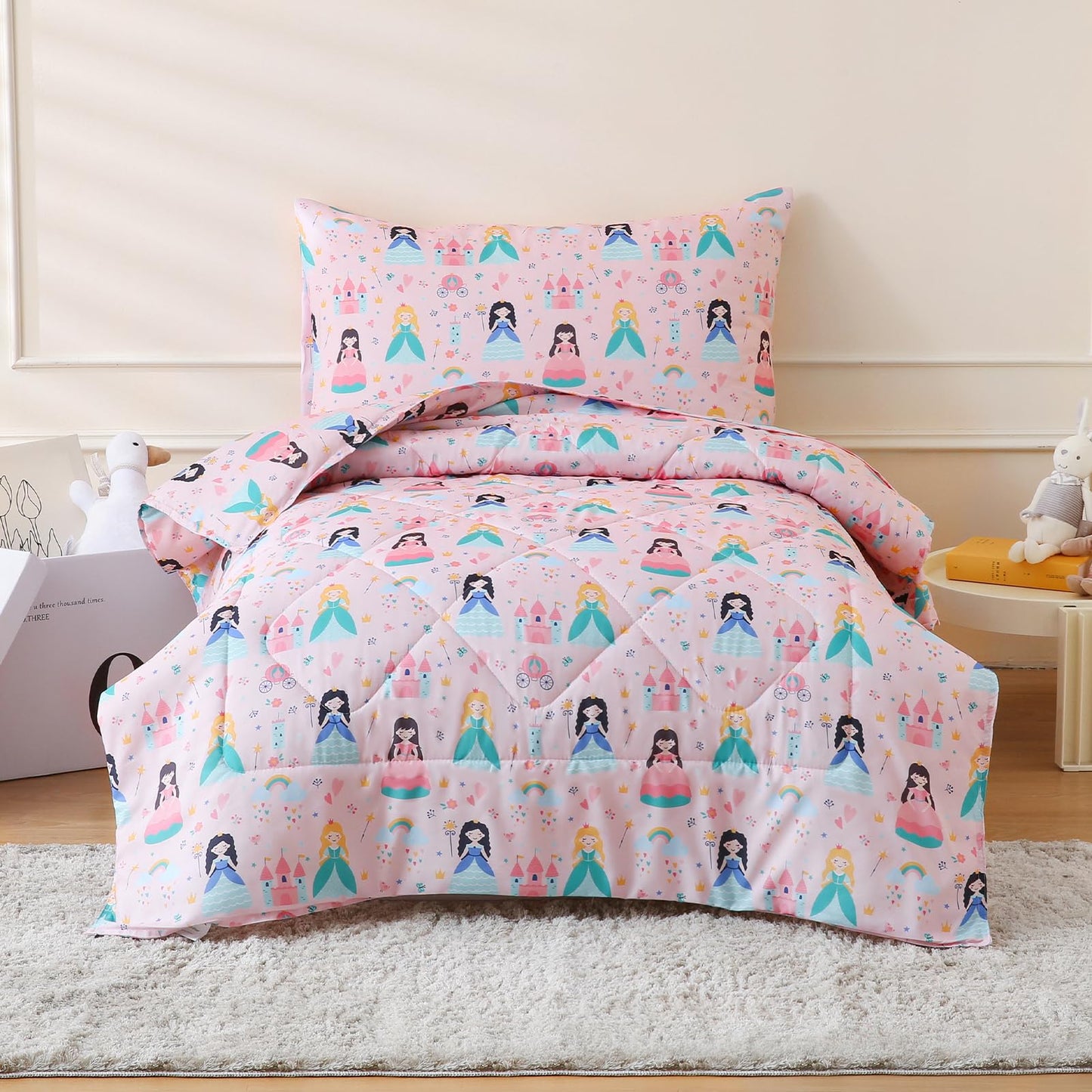 LONAVA Toddler Kids Comforter Set - 4 Pieces Toddler Bedding Sets for Boys Girls Children, Ultra Soft Microfiber Bed in A Bag with Flat Fitted Sheets, Princess