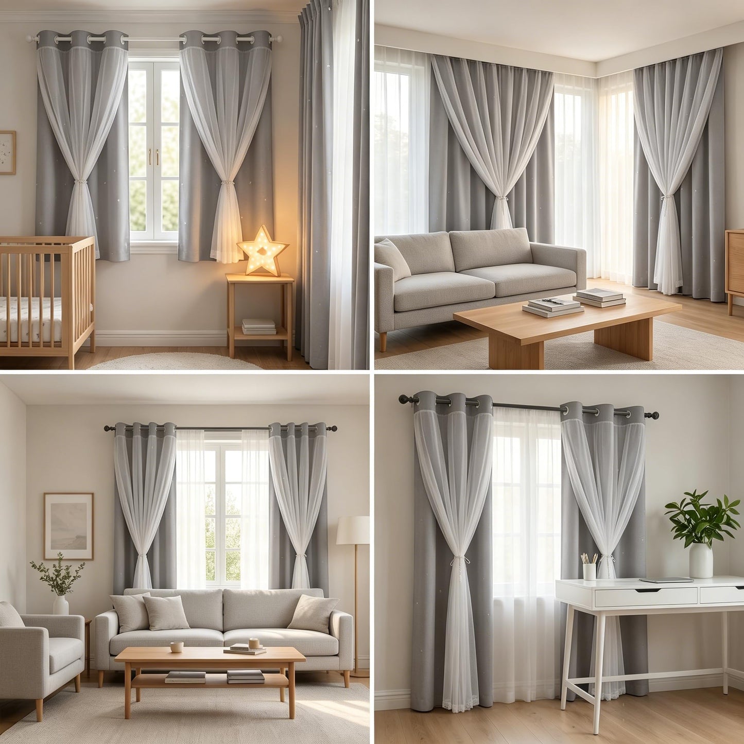 Kinryb 63" Long Star Cut-Out Blackout Curtains 2 Layer Thermal Insulated Overlay Kids Curtains Noise Reducing Drape for Living Room/Bedroom 42" W x 63" L Silver Grey 2 Panels