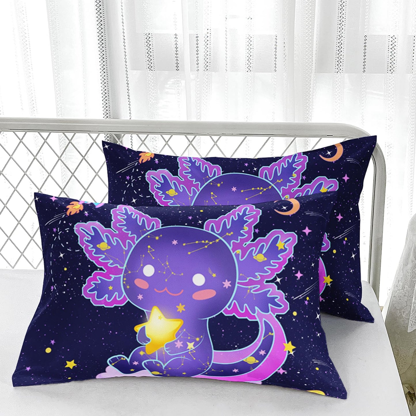Nttopship Cute Axolotl Bedding Set Queen Size,Violet Axolotl Theme Fitted Sheet 4pcs with 16" Deep Pocket, Kawaii Animals Cartoon Sheet Set for Kids Boys Room Decor(Fitted + Flat + 2 Pillowcases)