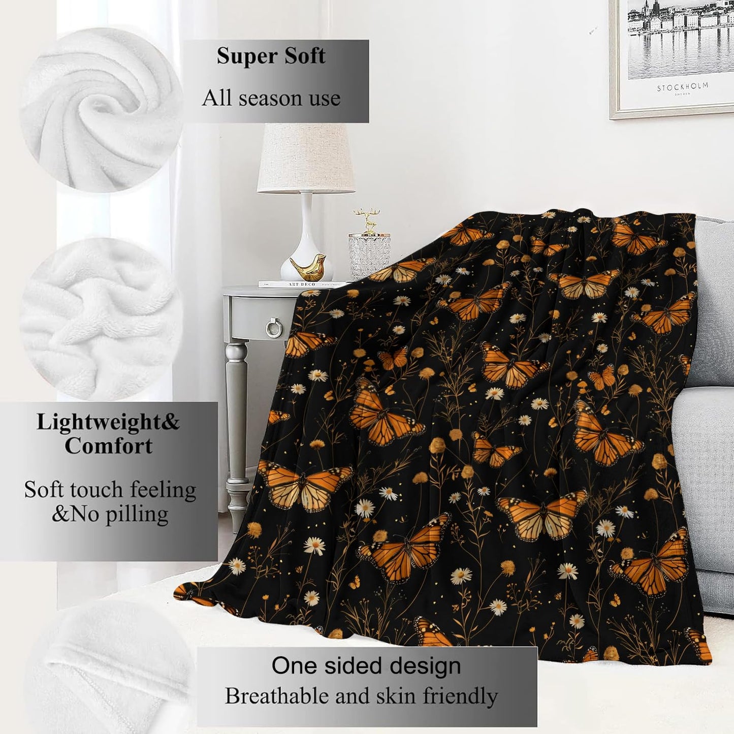 VODRM Butterfly Garden Blanket Floral Black Throw Blankets Gifts for Girls Women Adults Lightweight Soft Fleece Cozy for Sofa Couch Bed Room Travel Birthday Party Decor 50x60in