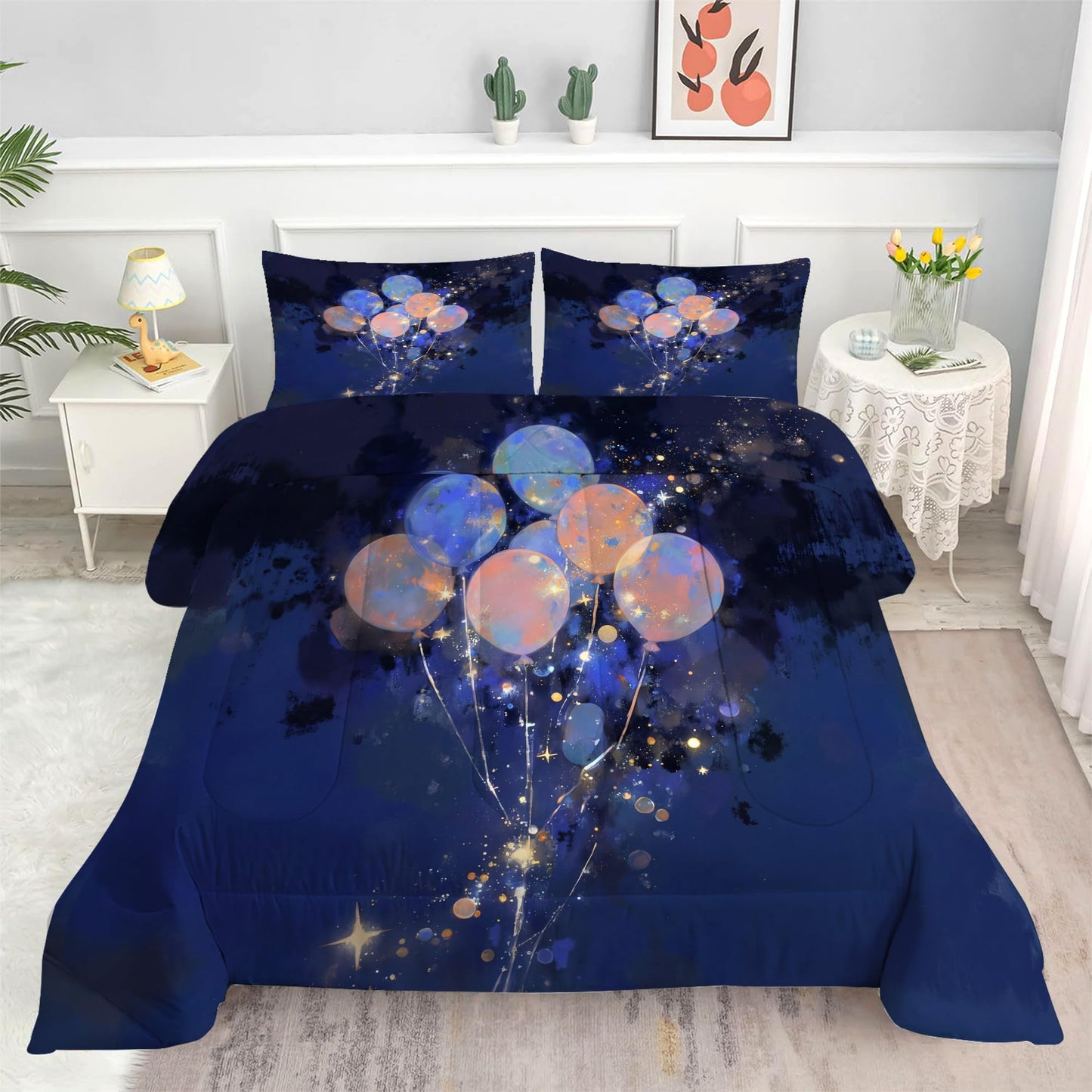 EDGZKO Navy Blue Galaxy Balloon Bedding Set Full Size Starry Sky Print Comforter Set Soft Microfiber Bed Sets for Kids Girls Boys Teens Adults Room Decor, 1 Comforter 2 Pillowcases
