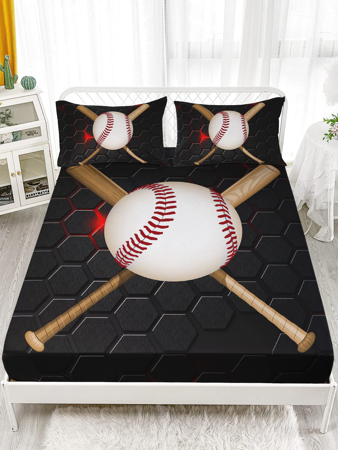 HOSIMA Baseball Fitted Sheet Set for Boys Teens Beddroom Decor,Boys Sports Cool Baseball Pattern Bedding Set,Fitted Sheet Set Full Size with 2Pillowcases.