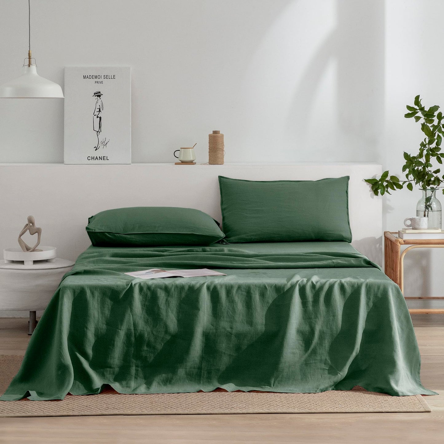 EVERLY Linen Twin Size Sheets Set,100% French Washed Pure Linen Bed Sheets Deep Pocket Sheets,3Pieces(1Flat Sheet,1Fitted Sheet,1Pillowcase) Suitable for Hot Sleepers,180GSM Dark Green Bedding Set
