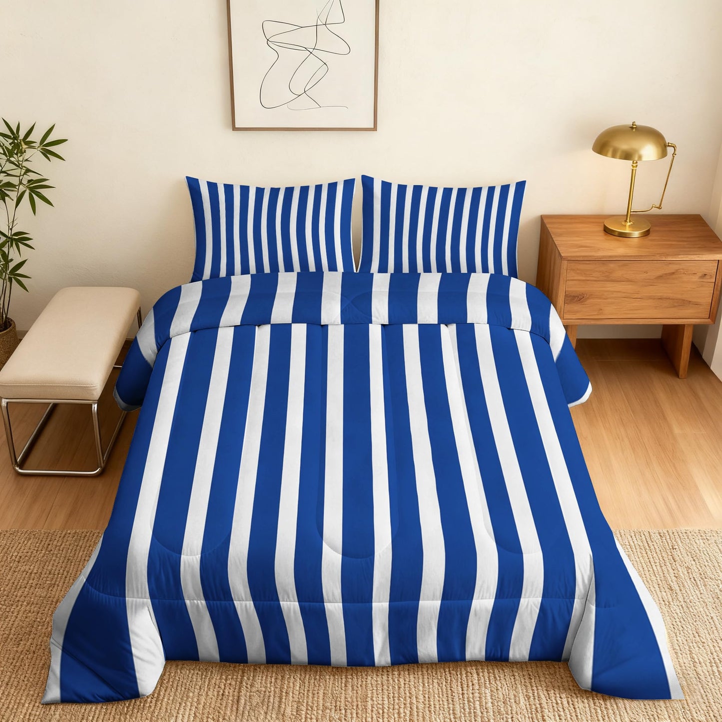 TANCAPRIUM Blue White Striped Comforter Set Twin - Nautical Bedding Set & 2 Pilow Cases for All Season - Soft Reversible Down Alternative 3 Piece. Striped Bedrom Decor