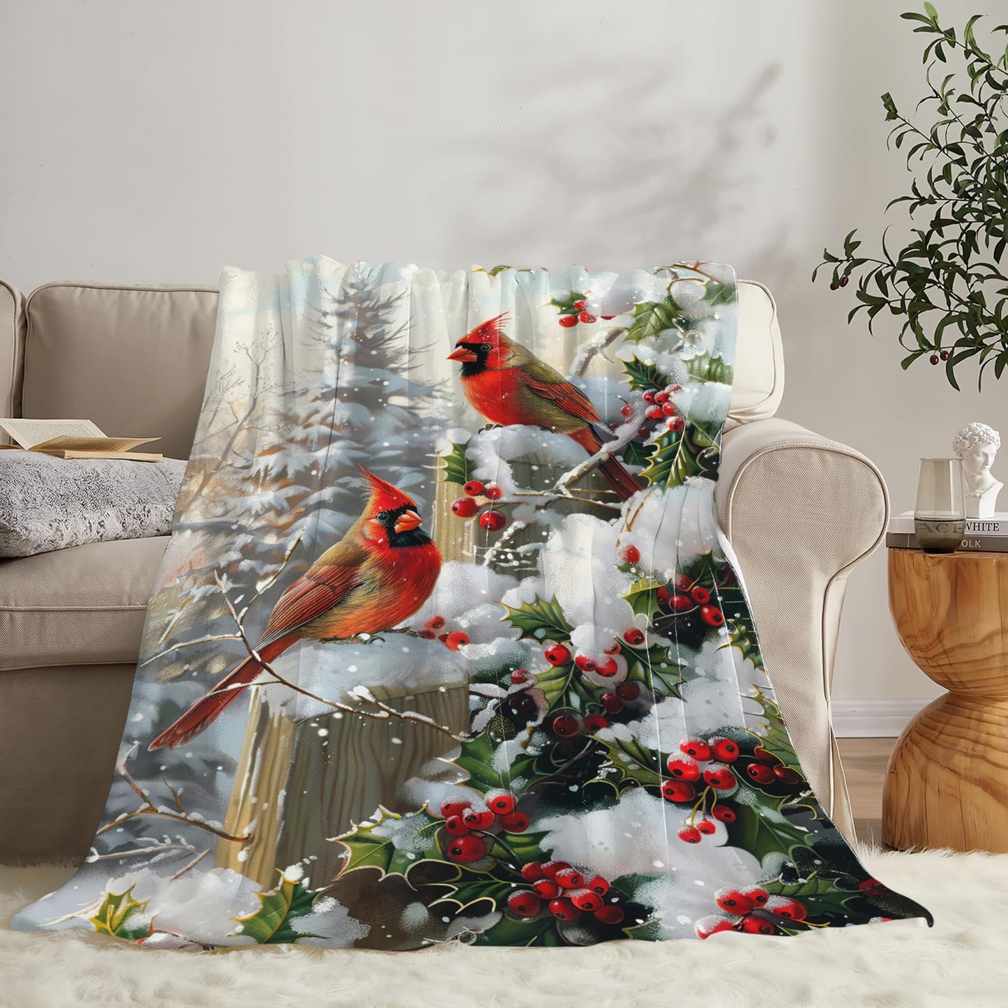 Dynova Christmas Bird Blanket Cozy Plush Red Birds Lovers Throw Blankets Fuzzy Flannel Fleece Winter Gifts for Girls Boys Women Men 50"X40"