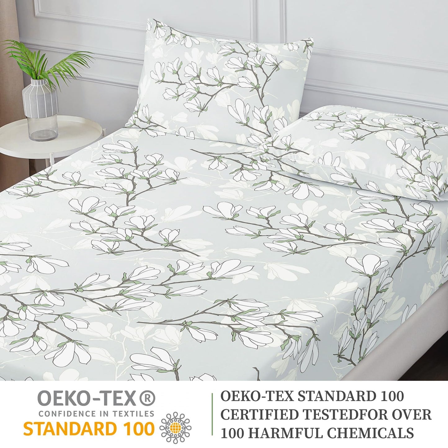 HCORA Floral Fitted Sheet with Pillow Cases, 100% Brushed Microfibre Deep Pocket Fitted Bottom Sheet, Ultra Soft, Shrinkage and Fade Resistant, Full Size