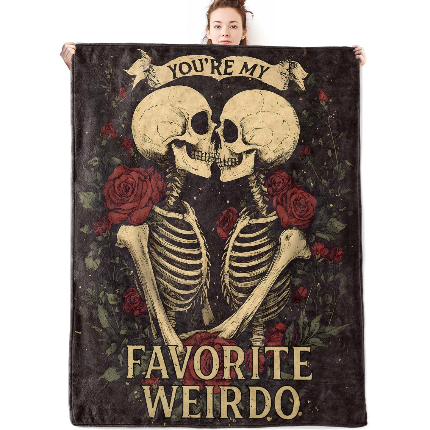 olpddz Gothic Skeleton Flannel Blanket Gifts for Couple,60x50inch,Goth Romance Design Throw Blankets with Dark Rose and Skull,for Bedroom,Sofa,Living Room,Camping,Valentine,Halloween Decor Throws