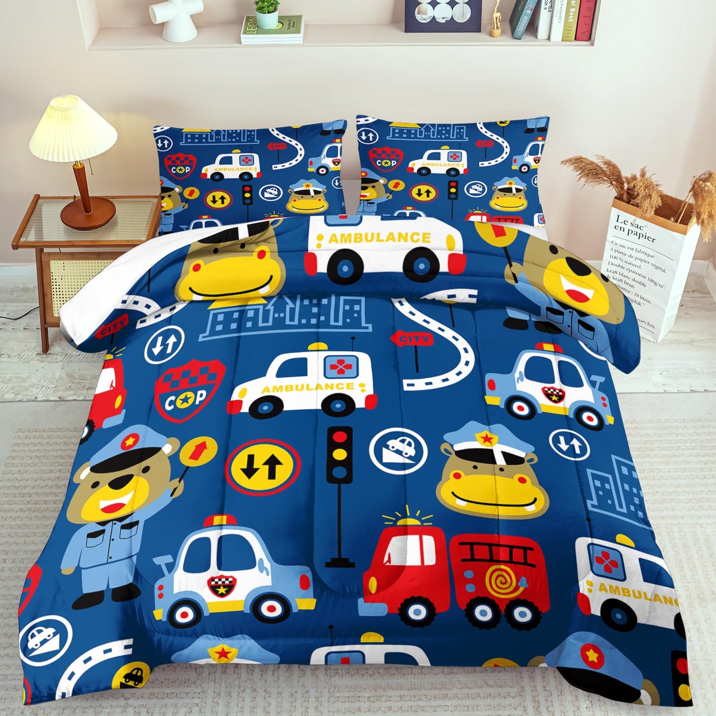 llyxsesty Kids Cop Car Comforter Set Queen Boys Fire Truck Bedding Set for Teens,Bear Comforter Queen Quilt Toy Police Car Bedroom Decor Cartoon Animal Bedding Bed Decor