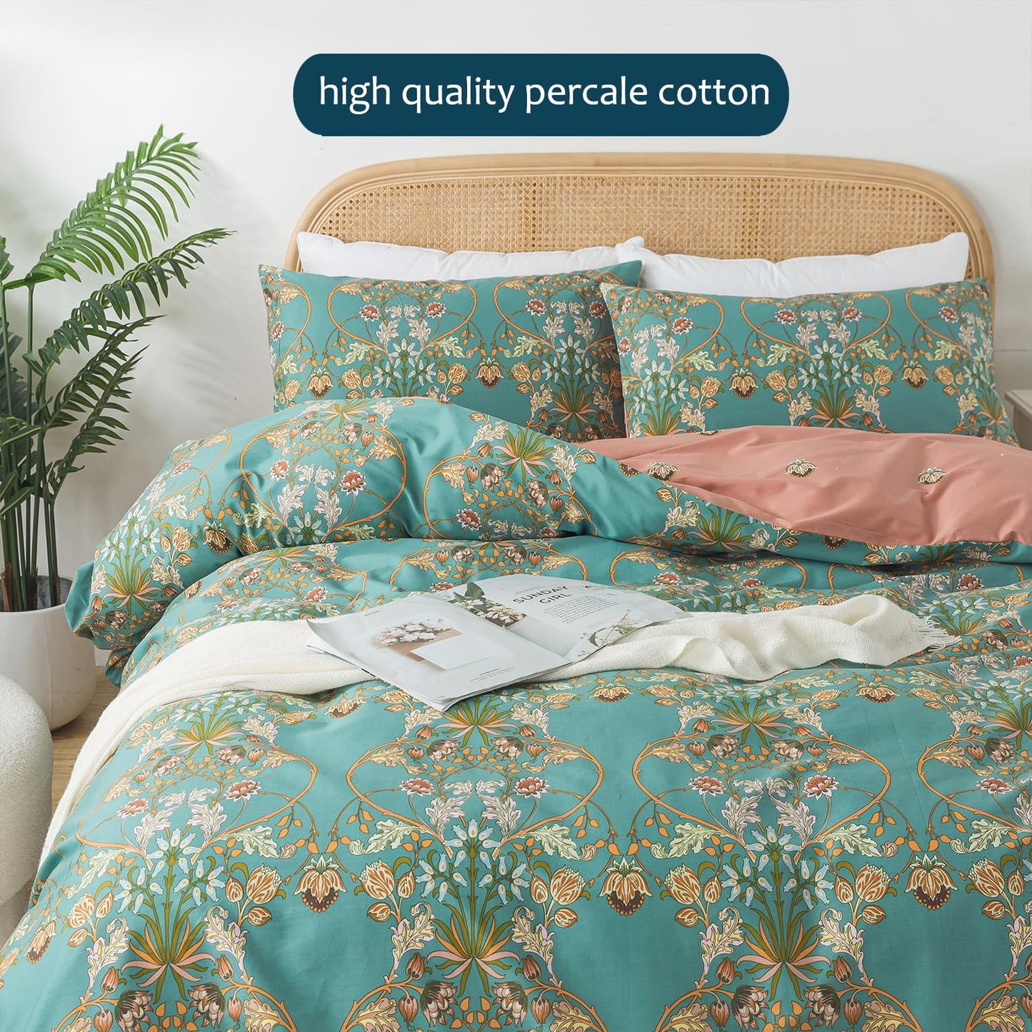 Zusbest Boho Duvet Cover Set Queen Size 100% Cotton Floral Bohemian Comforter Cover Teal Green Printed Reversible Orange Bedding Luxury Crisp Soft French Country Bedding 3Pcs, Queen
