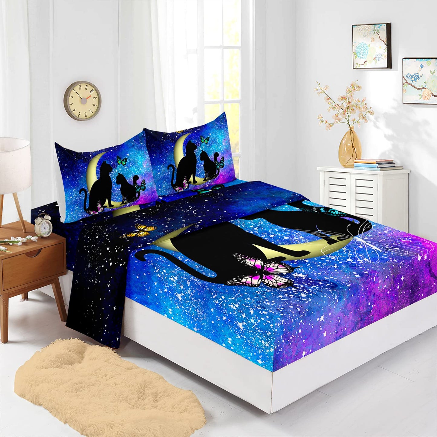 Axolotl Black Cat Bedding Twin Sheet Set - Butterflies Moon Printed for Kids, Boys, Girls, Adults, Teens - 1 Fitted Sheet, 1 Flat Sheet, 2 Pillowcases - Blue