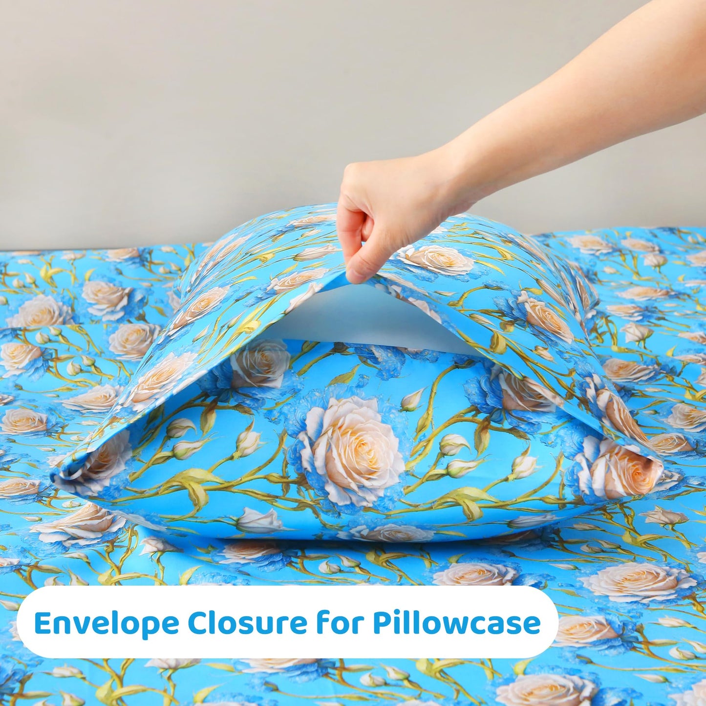 Mooreeke Cozy Floral Microfiber Printed Twin Sheet Set - Soft & Breathable 3D Rose Bed Sheets with Deep Pocket - Non-Slip Fitted Design - Blue White Rose Pattern - Full