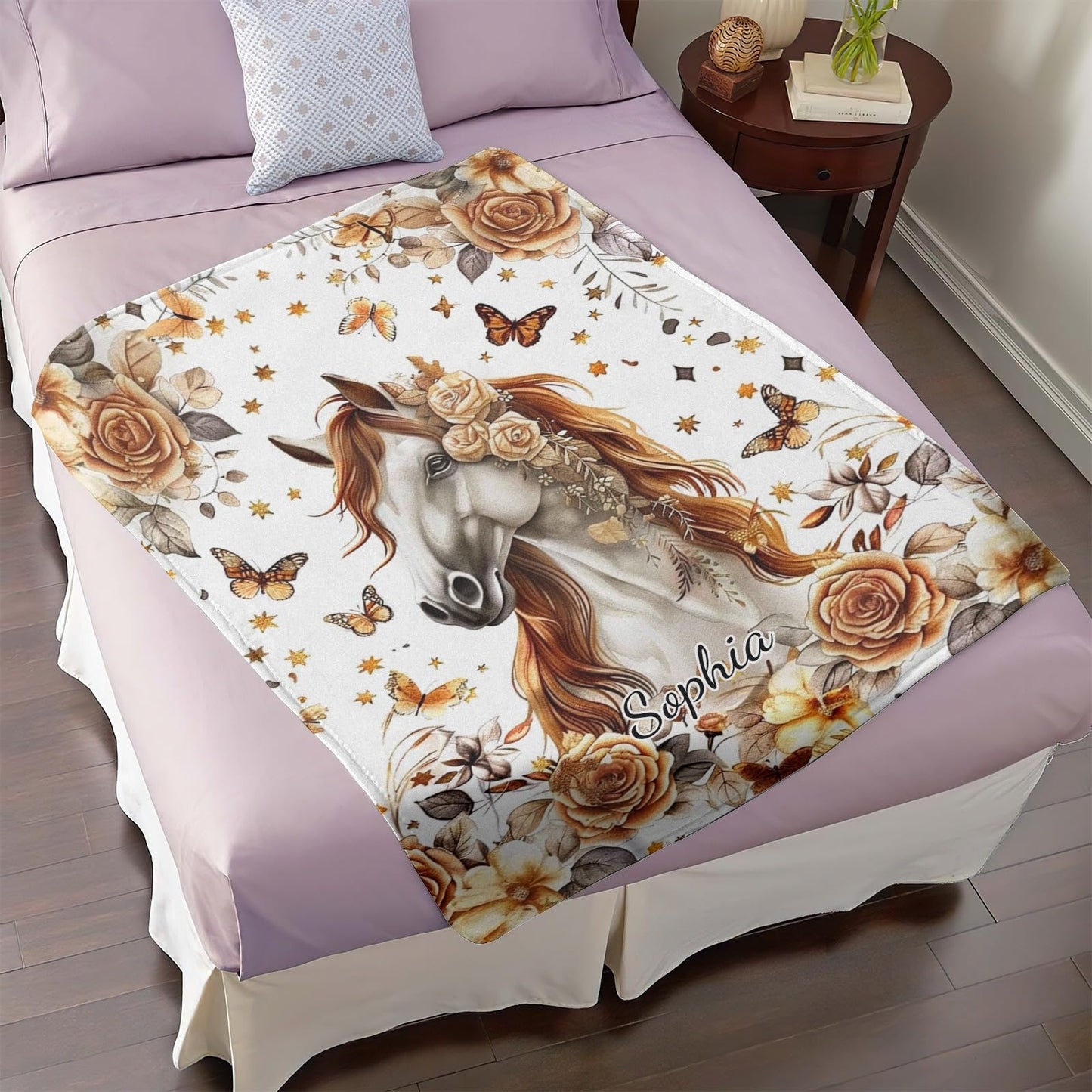 Customized Horse Blanket with Flowers, Add Your Name Text Blankets Soft Warm Small Throw for Women Men Couch Sofa Bed