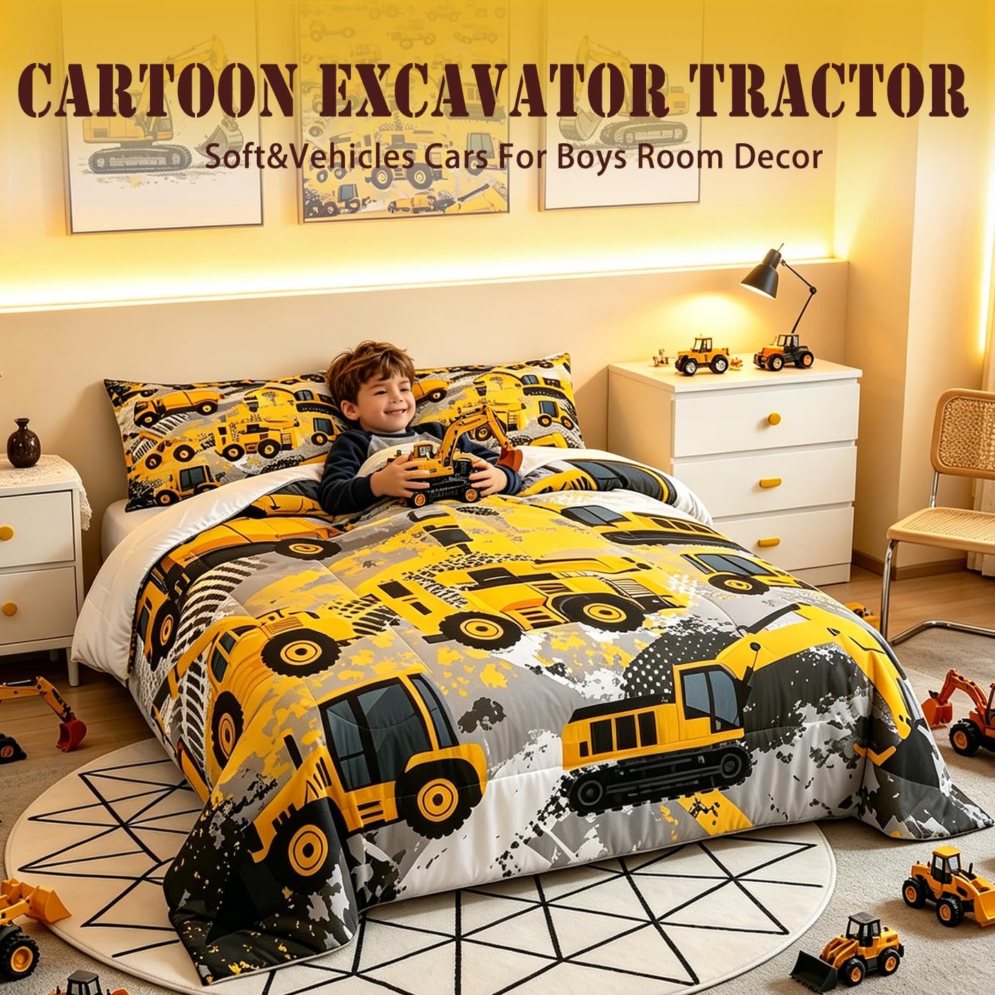 Feelyou Kids Construction Comforter Set Twin Bedding Sets for Boys Toddler Children Cartoon Cars Excavator Tractor Comforter Set Construction Machinery Truck Duvet Set Cars Bed Set with 1 Pillow Case