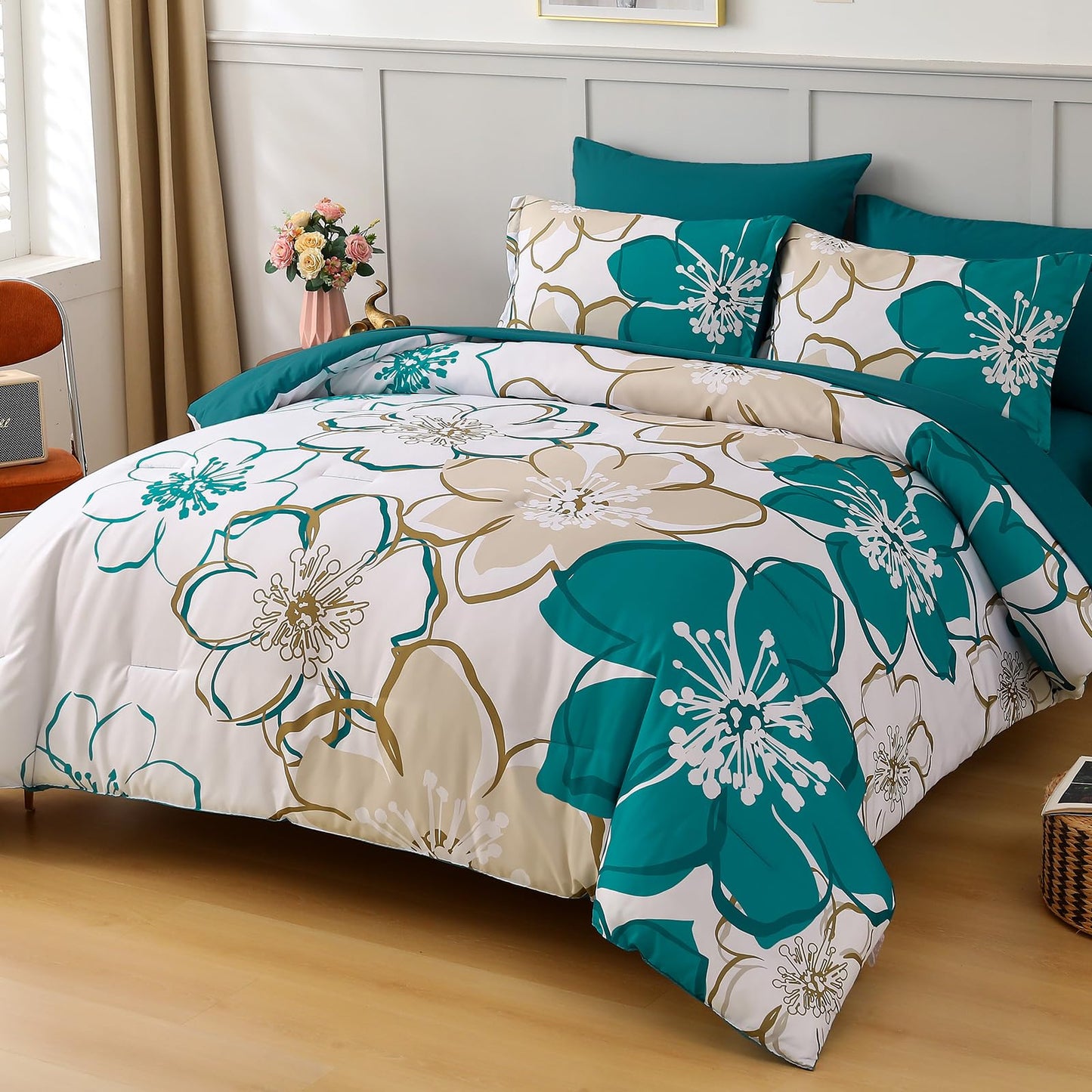 Anibedding 7Pieces Teal Grey Floral Comforter Set Queen Size, Soft Microfiber Grey Blue Bed in a Bag Comforter Set with Sheets for All Season