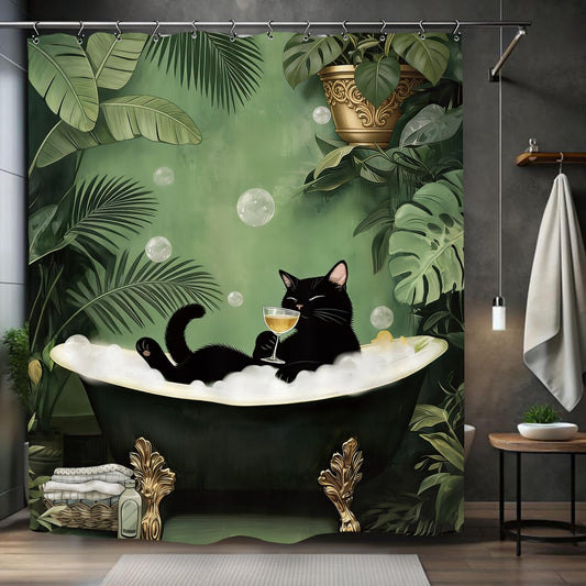 Kalmico Funny Vintage Cat Shower Curtain 60Wx72L Inch Hilarious Pet Animal Green Tropical Leaves Bathroom Set Accessories Decor with 12 Pack Hooks