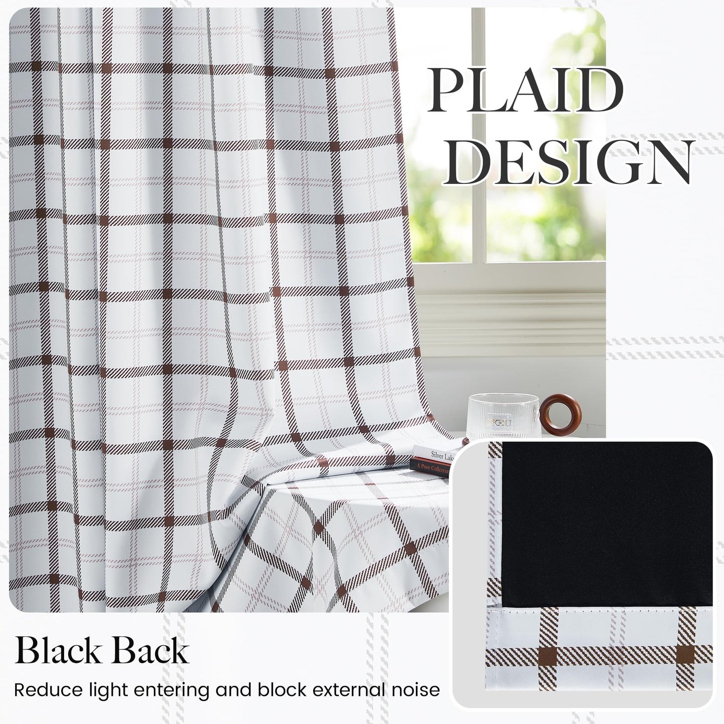 NICETOWN White Buffalo Windowpane Plaid Cafe 100% Blackout Curtains 36 Inch Length, Farmhouse Rustic Checkered Half Window Tier Curtain for Kitchen Bathroom, 26" W x 36" L, 2 Panels