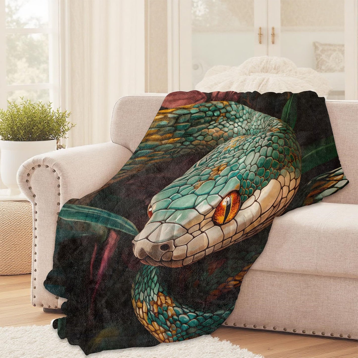Green Snake Throw Blanket for Girls Boys Kids Adults, 50x60 in, Cozy Flannel Blanket for Bedroom, Camping, Couch, Room Decor, Fuzzy Warm Soft Gifts