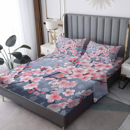 zcsm Cherry Blossom Sheets King Size - Bed Sheets, Soft Microfiber & Deep Pocket & Wrinkle Free Patterned Bedding Sheets & Pillowcases, 4 Piece (1 Fitted Sheet, 1 Flat Sheet, 2 Pillow Cases)