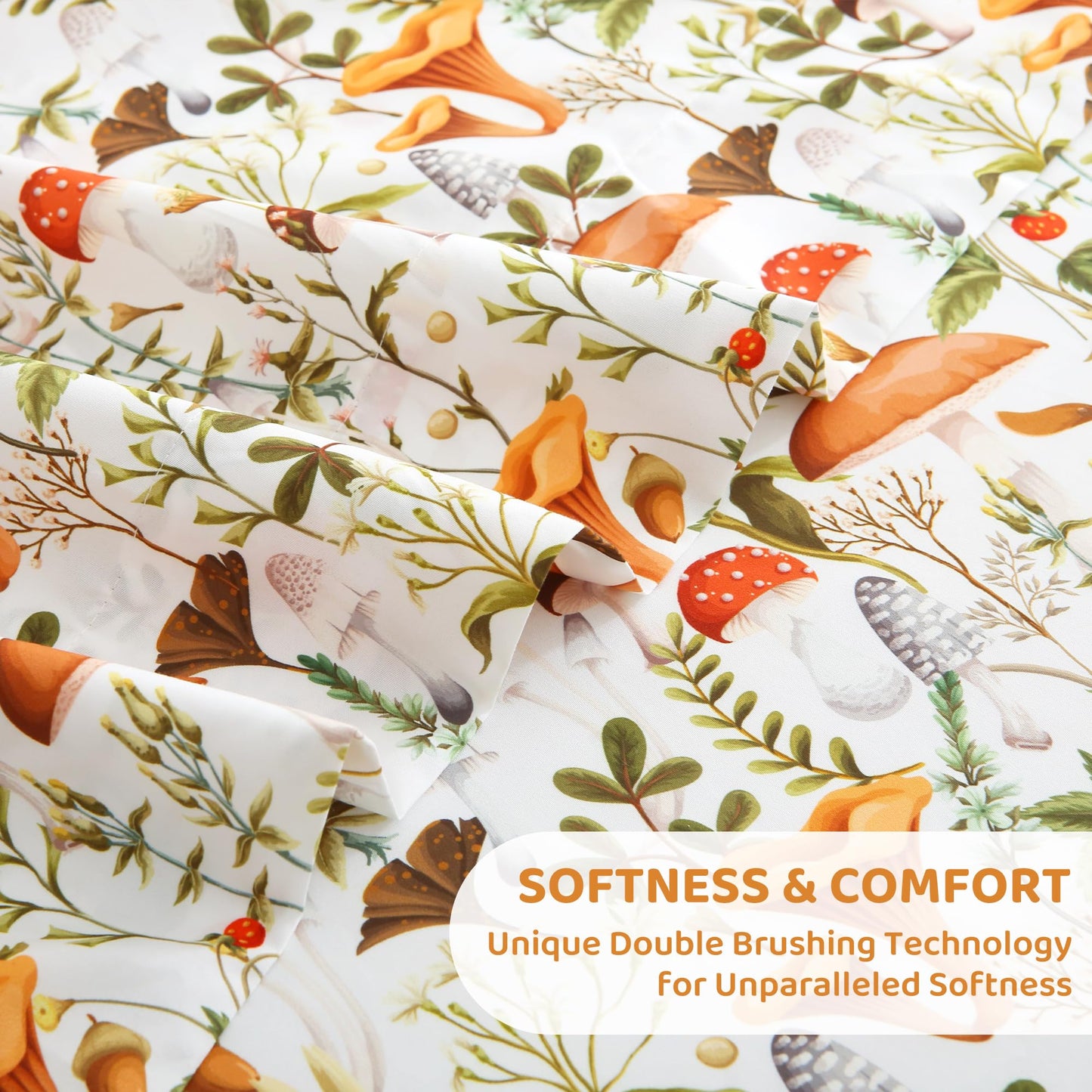 Mooreeke Cozy Vintage Microfiber Printed Twin Sheet Set - Soft & Breathable Mushroom Forest Bed Sheets with Extra Deep Pocket - Non-Slip Fitted Design - Jungle Mushroom Leaves Pattern - Twin