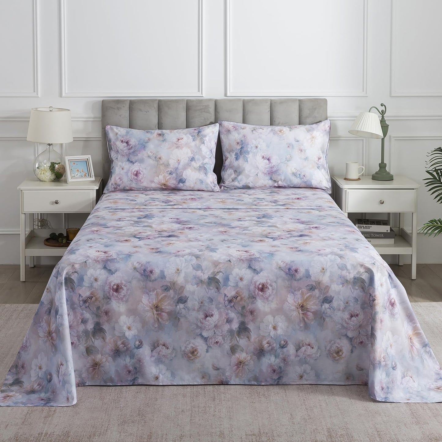 Puralens Purple Floral Percale Sheets Queen, 100% Cotton Soft Crisp Vintage Flower Bed Sheets, Butterfly Patterned Deep Pocket Aesthetic Farmhouse Sheet Set, Luxury Garden Toile Bedding, 4Pcs