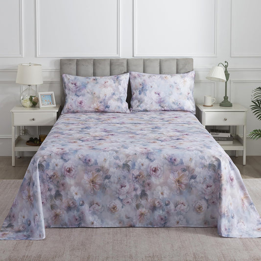 Puralens Purple Floral Percale Sheets Queen, 100% Cotton Soft Crisp Vintage Flower Bed Sheets, Butterfly Patterned Deep Pocket Aesthetic Farmhouse Sheet Set, Luxury Garden Toile Bedding, 4Pcs