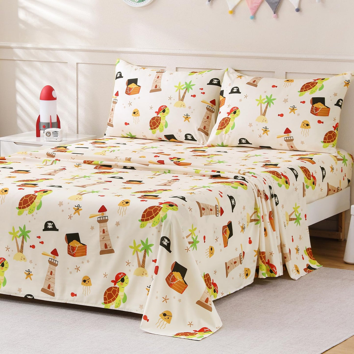 ChicView Queen Sheet Set Kids,4 Pieces Breathable Soft Microfiber Bedsheets for Child Boys Girls, Anti Pilling Deep Pockets Easy Care Bed Sheets, Turtle