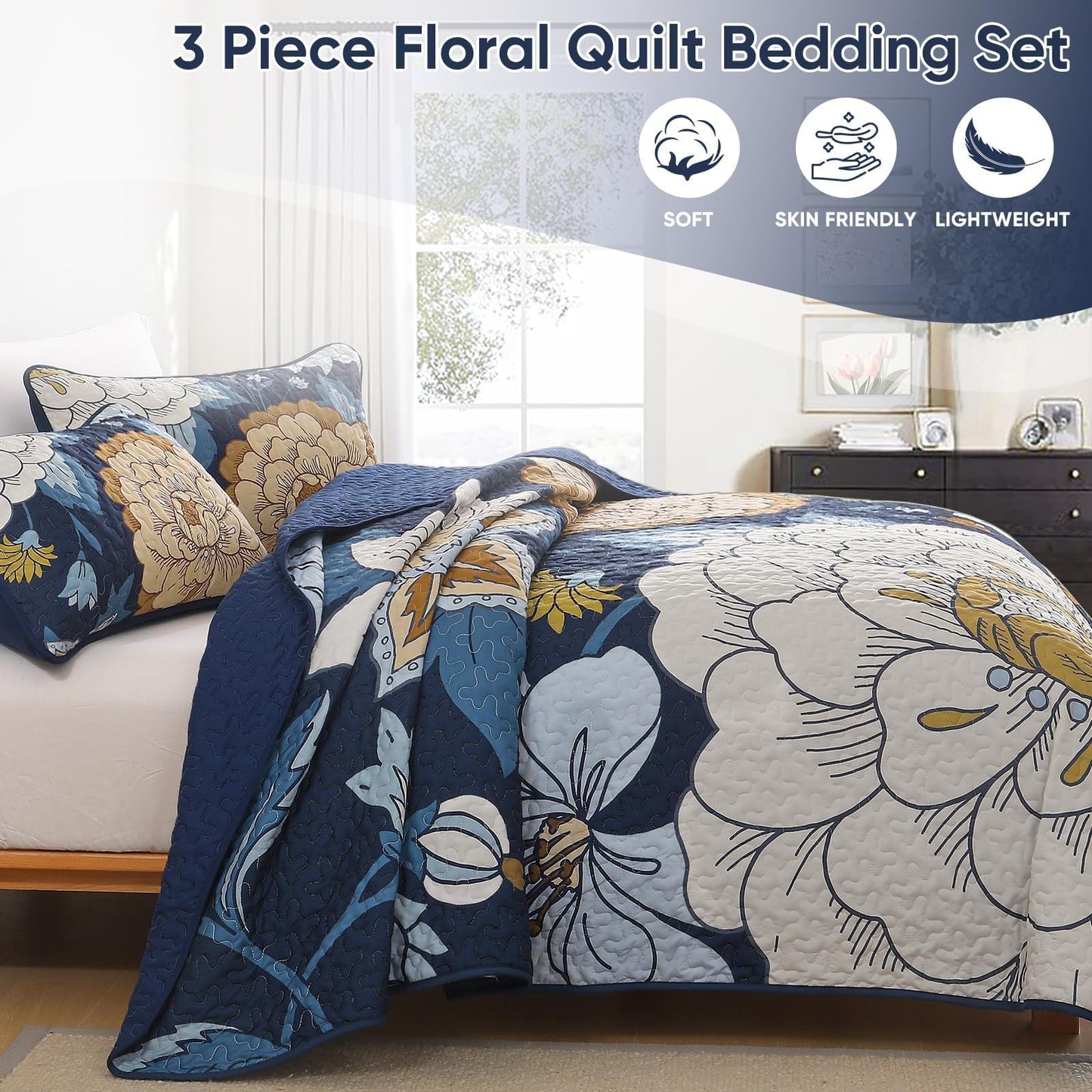DJY Navy Floral Quilt Set Queen Size Boho Bedspread Coverlet Set, 3 Piece Botanical Quilt Soft Microfiber Blue Floral Bohemian Bedding Set with 2 Pillowcases for All Season, 96''x90''