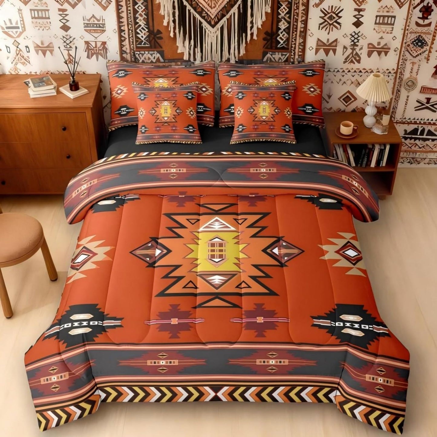 Erosebridal Western Twin Comforter Set with Sheets | Boho Decor Geometric 7 Piece Bedding Set Bohemian Aztec Bed in a Bag, Ethnic Tribal Arrow Room Decor,Red