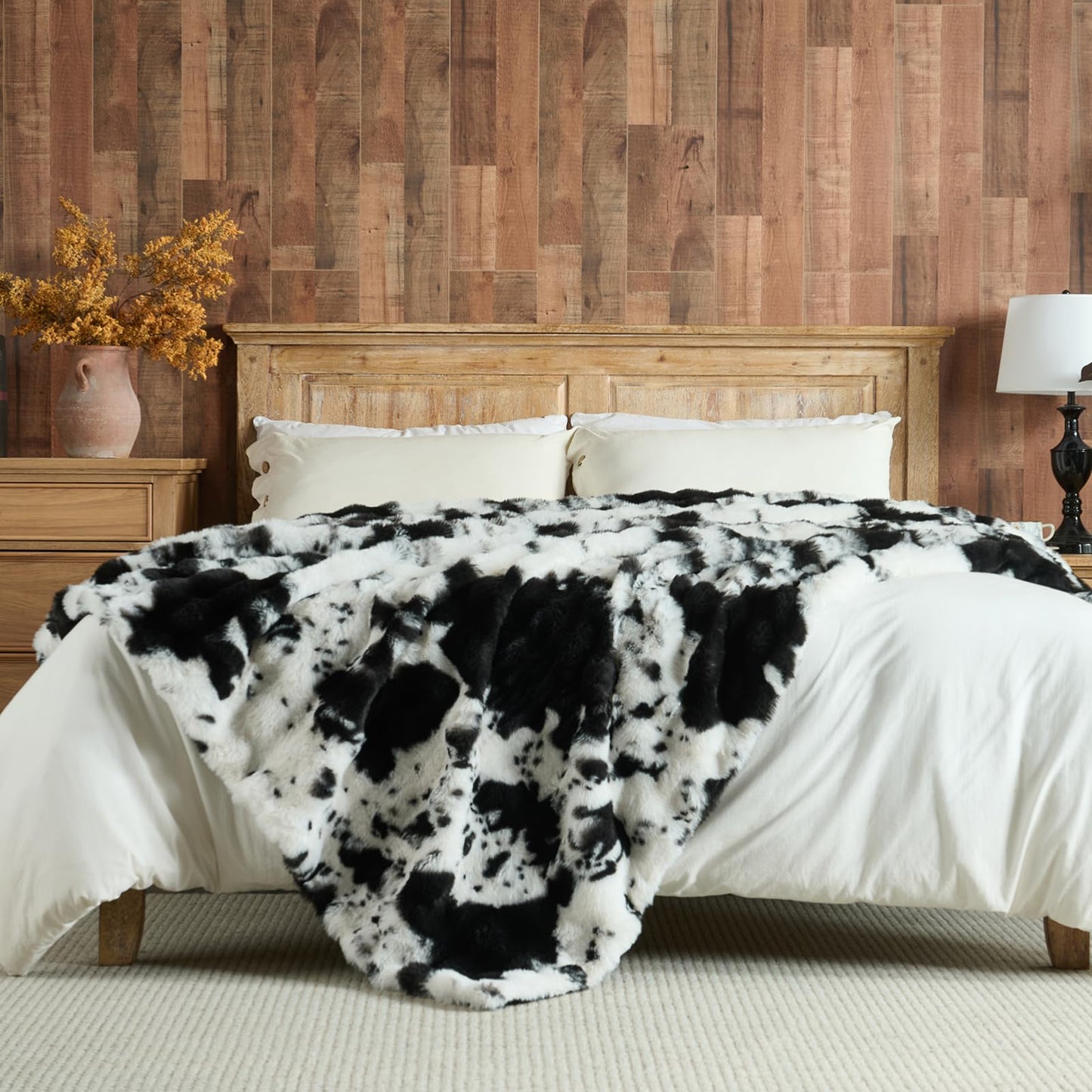 Lotus Karen Faux Fur Throw Blanket Cow Print-Black, Fluffy Fuzzy Plush Bubble Blanket for Couch, 60x50 Inches Cozy Shaggy Rabbit Blanket, Luxury Decorative Gifts for Sofa Bedroom Living Room.