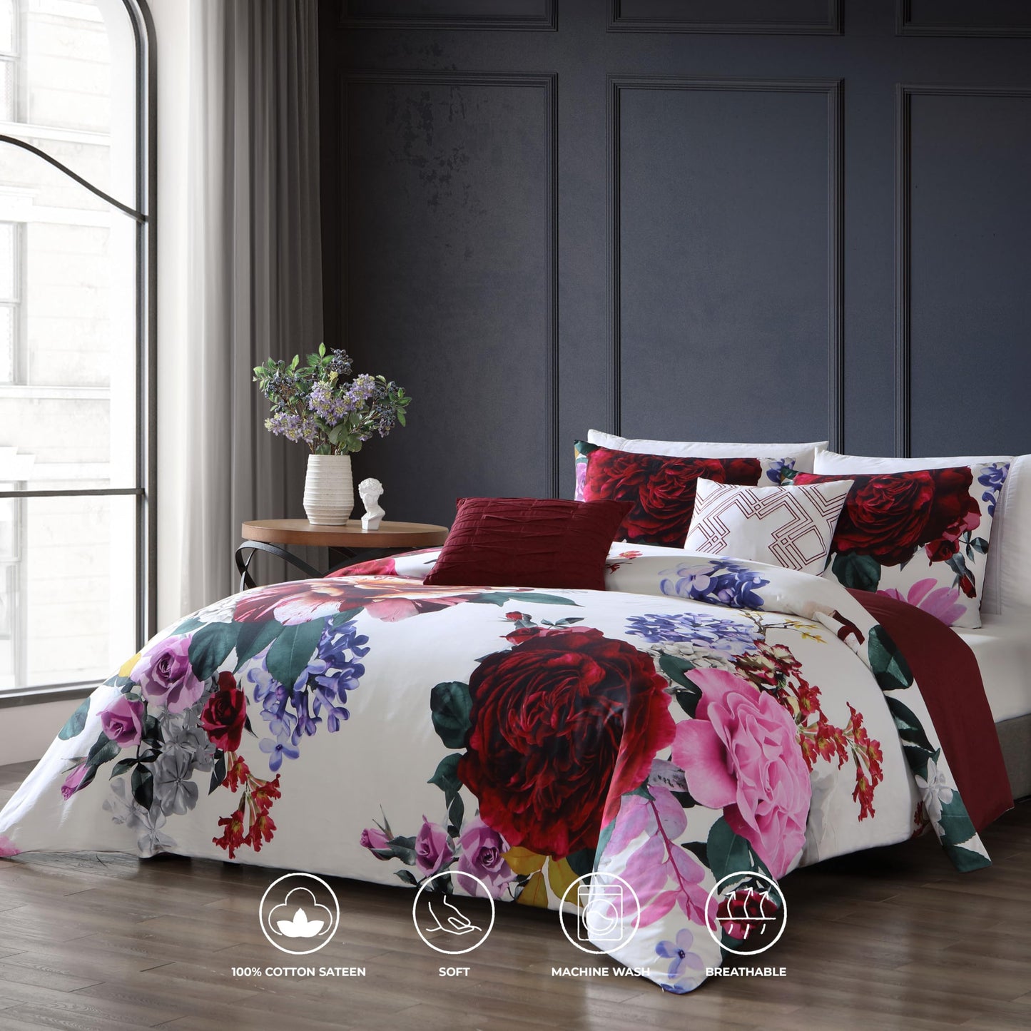Bebejan Magenta Floral 5 Piece Comforter Set, 100% Cotton Sateen, 220 Thread Count, Red Reversible Bedding Comforter Set, 1 Comforter, 2 Shams & 2 Pillows (King/Cal King)