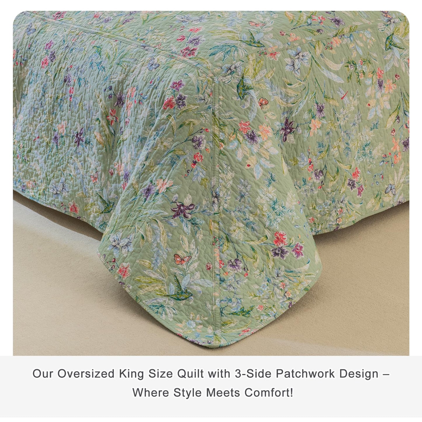 Sanracie Oversized King Bedspread(128"x120"),100% Cotton Green Floral Quilt Set 3Pcs Lightweight Flower Bird Butterfly Print Botanical Bedding Coverlet California King Size Extra Large Wide
