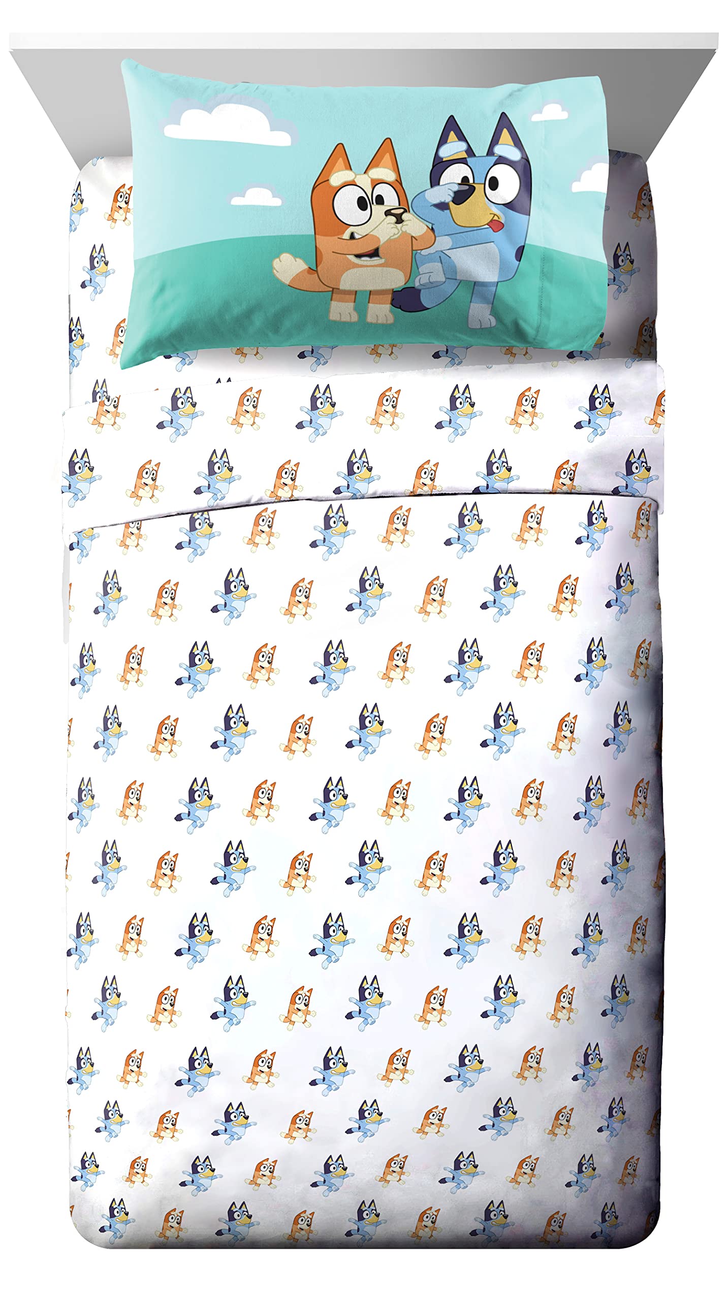Jay Franco Bluey & Bingo 4 Piece Toddler Bedding Set – Includes Comforter, Sheets & Pillowcase, Super Soft Fade Resistant Microfiber, Official Licensed Toddler Bed Set for Boys and Girls, Blue