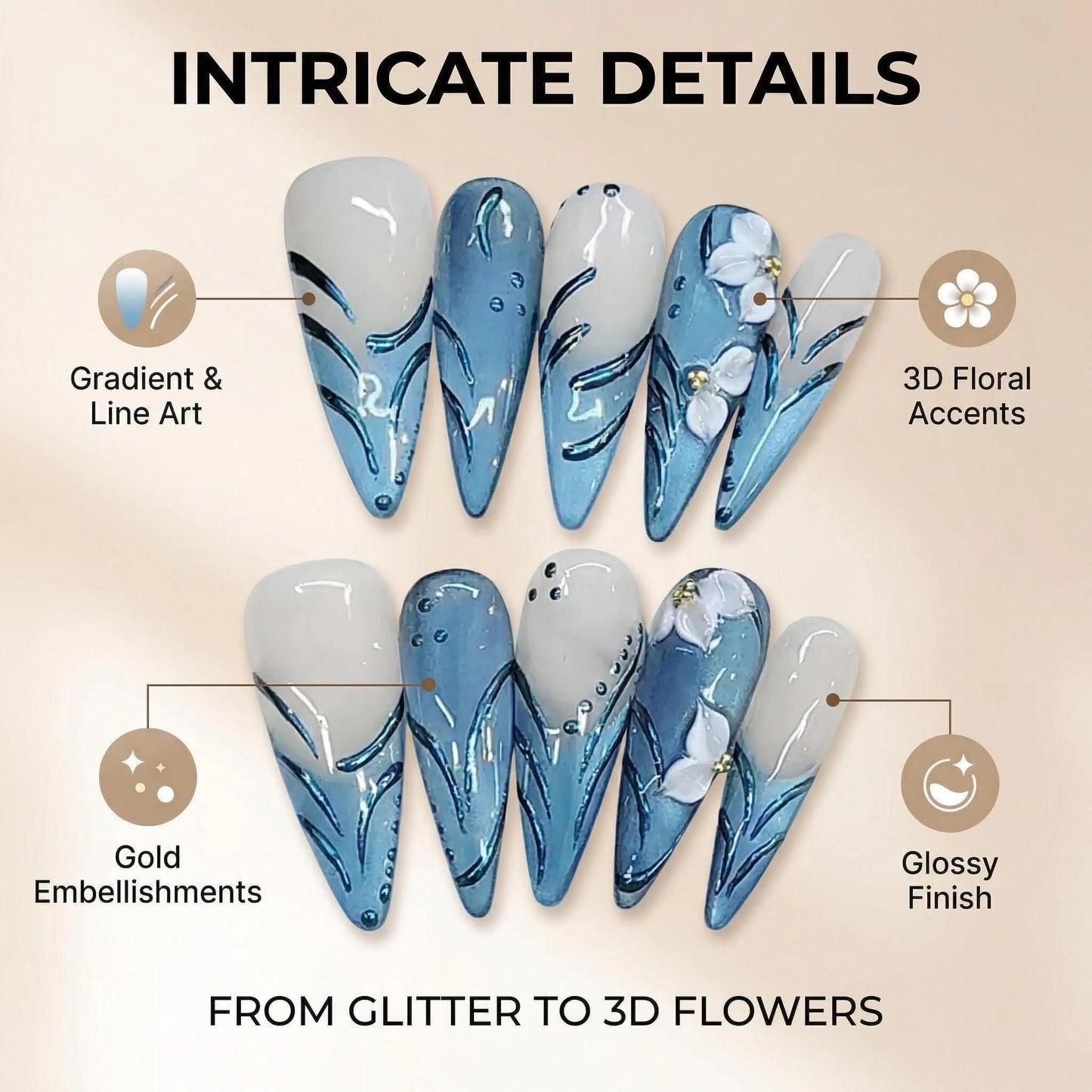 Handmade Press on Nails Long Stiletto False Nails Blue Cat's Eye Fake Nails with 3D Flower Designs Sparkly Charm luxury Artificial Nails for Women (Size M）10pcs