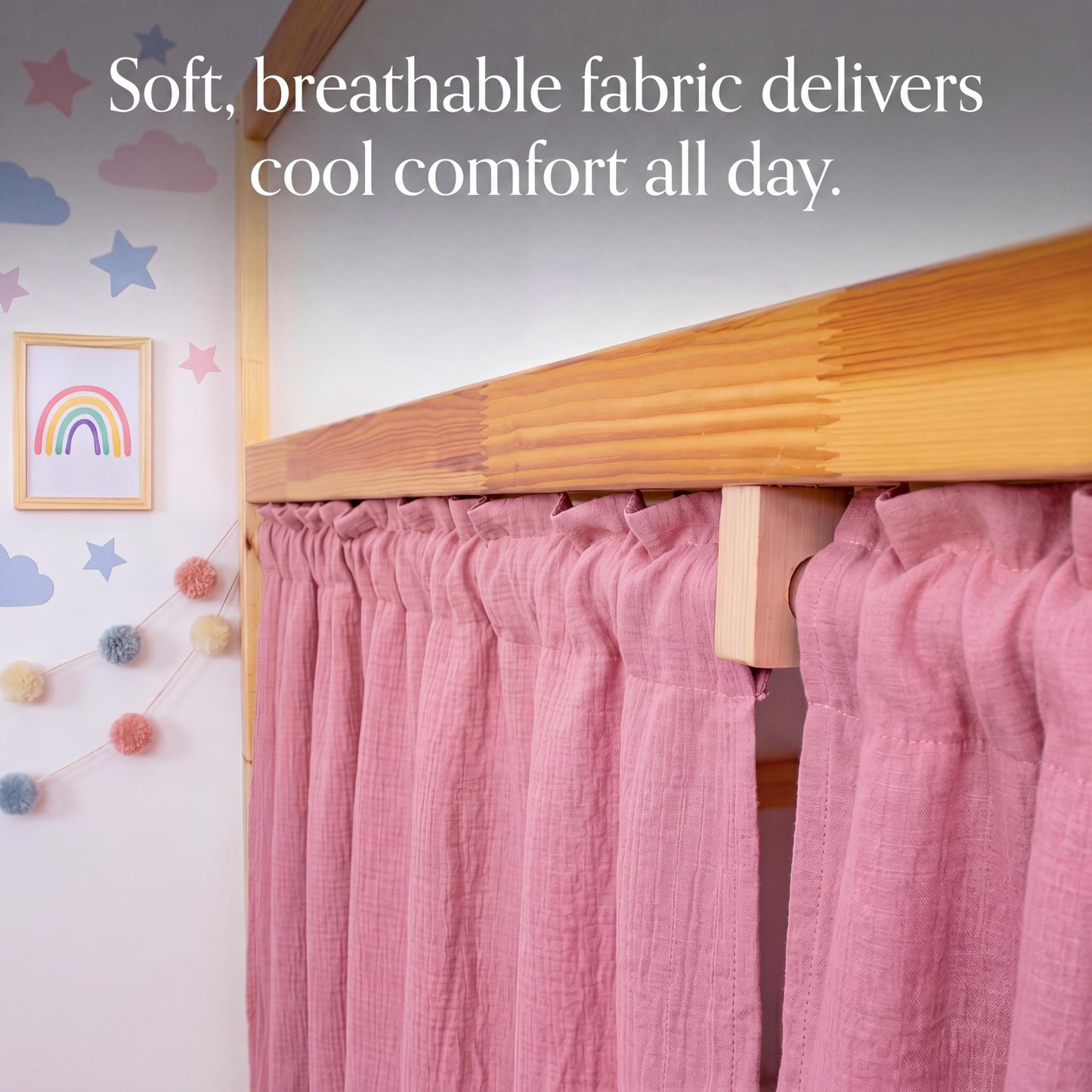 Breling 3 Pcs Panel Muslin Cotton Curtains Set for Loft Bed Pink Bunk Bed Privacy Curtains Breathable Fabric with Storage Bag for Bedroom Playhouse Dorm