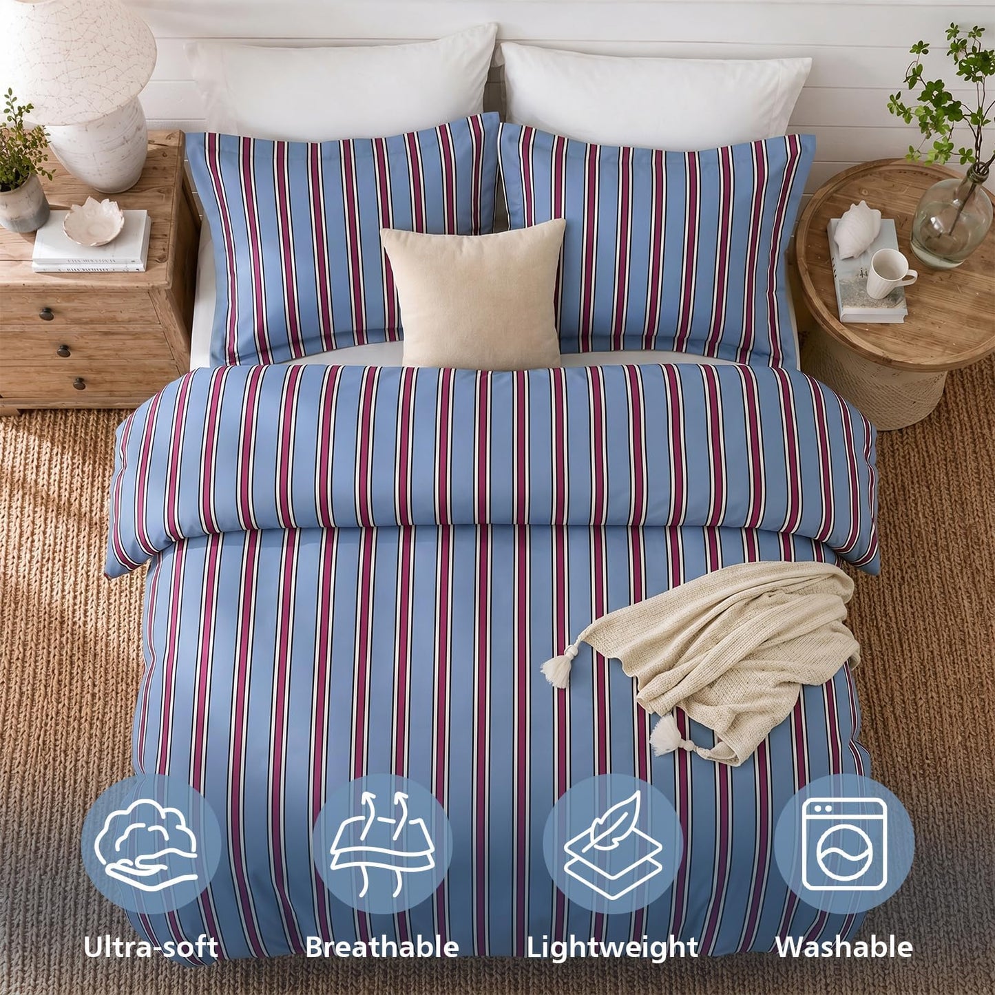 JOLLYVOGUE Striped Duvet Cover King, Blue Duvet Cover with Red Stripes
