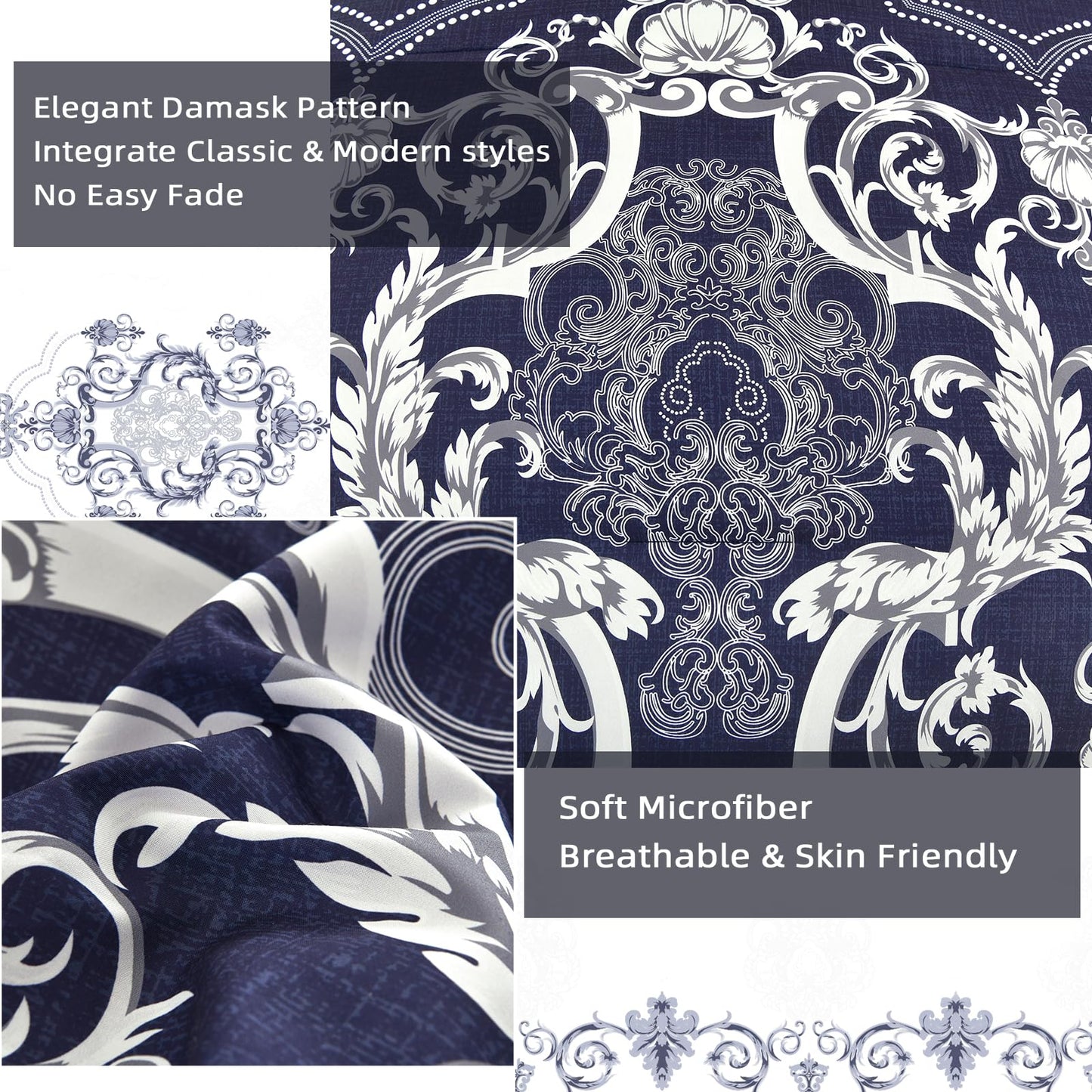 Mybedsoul Navy Blue Queen Comforter Set, 7 Pieces Boho Bed in a Bag for Queen Bed, Damask Comforter with Sheets Pillowcases, Soft Microfiber Lightweight Bedding Sets for All Season(90"x90")