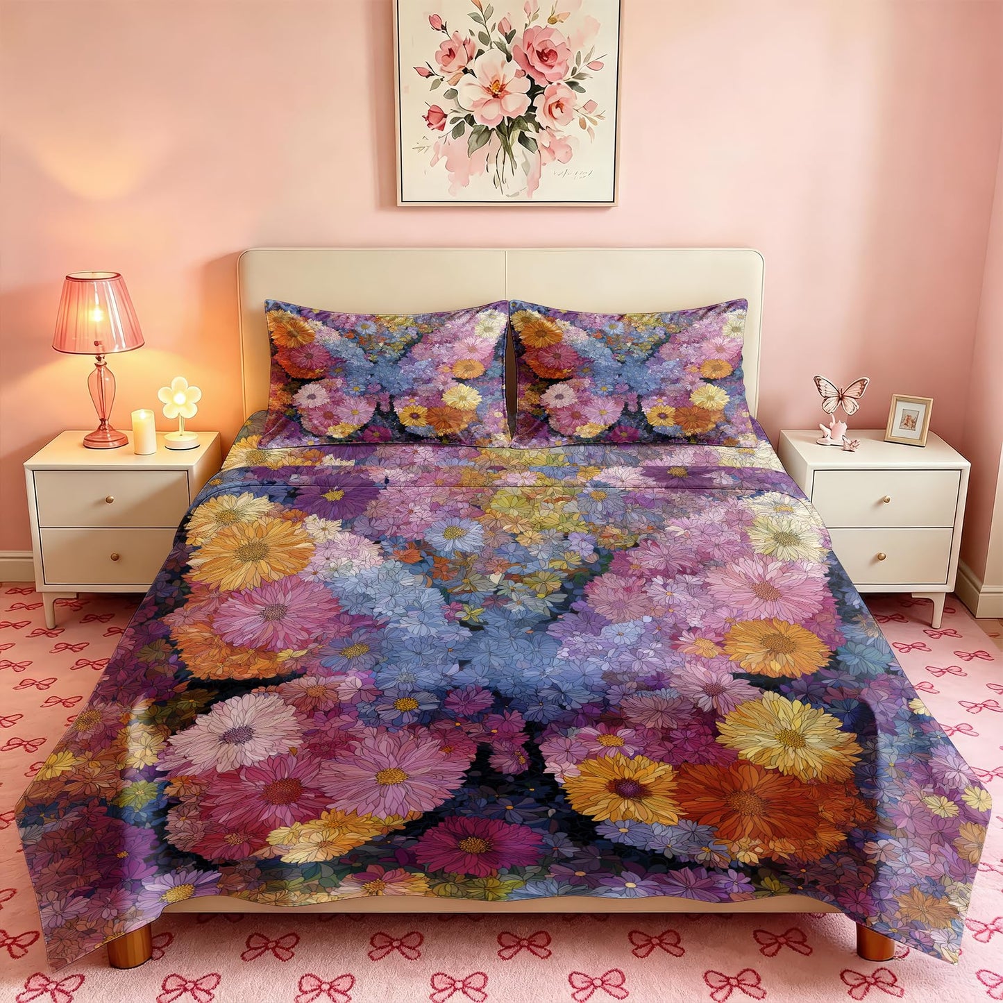 Daisy Flower Full Bedding Set Girls Colorful Floral Sheet Sets