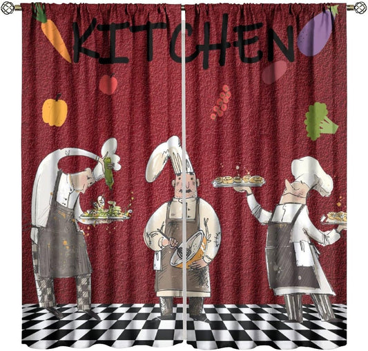 Chef Kitchen Decor Window Curtains, Rustic Fat Chef Cook Theme Vintage Cute Funny Chief Rural Country Farm Buffalo Checkered for Home Kitchen Livingroom Coffee Room Window Drapes 2Panel 41"W X 44"L