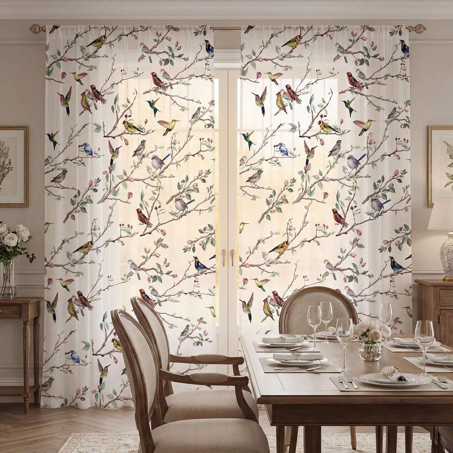 Horaldaily Outdoor Sheer Curtains for Living Room and Bedroom, Birds Branch Floral Window Curtains, Holiday Window Drapes Decor, 52" W x 84" L, Set of 2 Curtain Panels