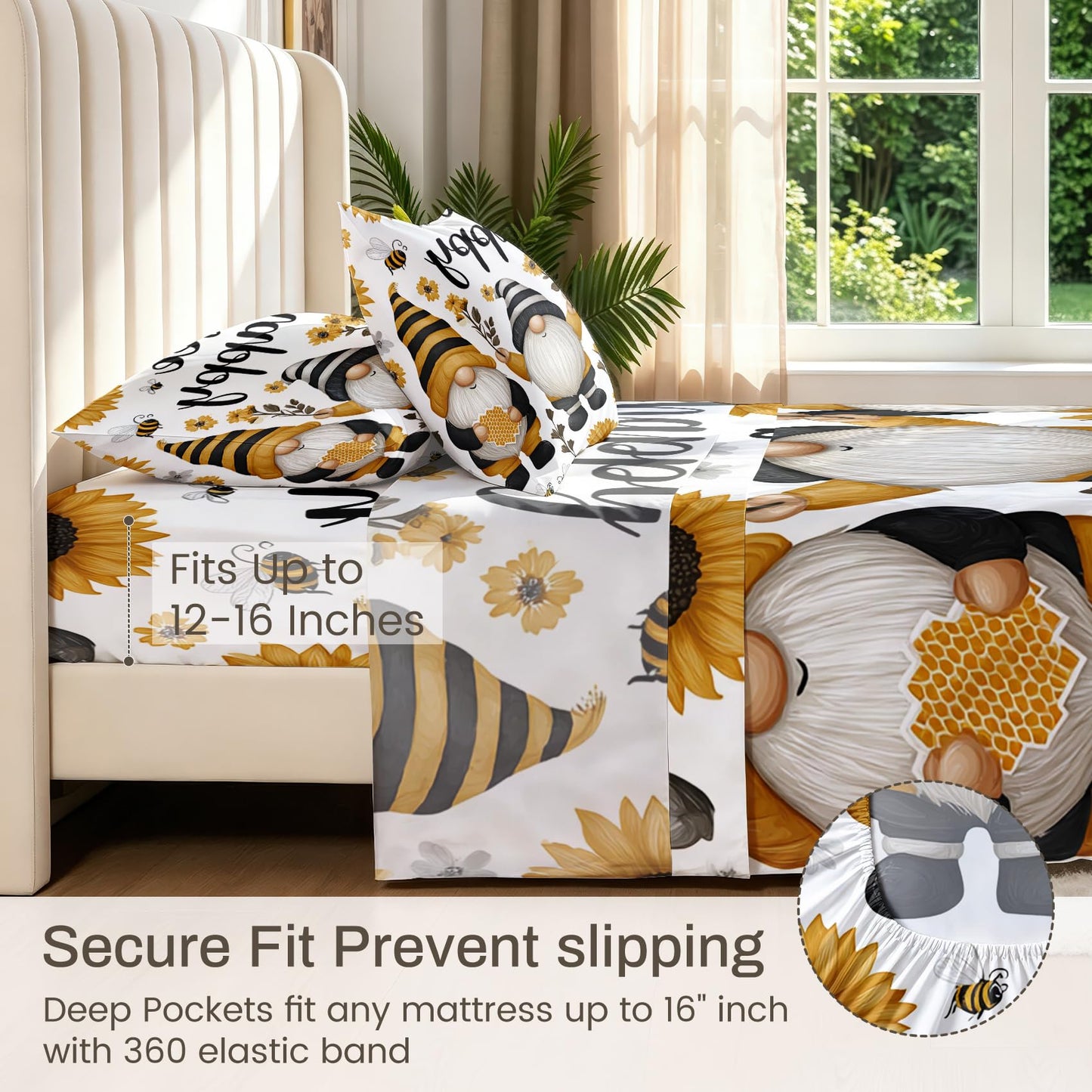 Gnome Bee Sheet Set, 3 Pcs Twin Size Kids Happy Bed Sheets, Yellow