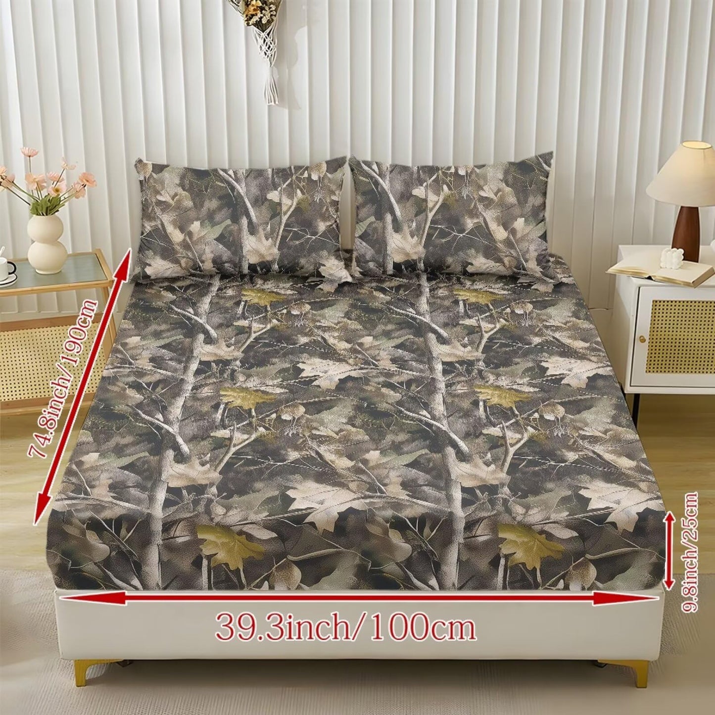 ZDCUSTOM XL Size Sheet Set Stretchy Fitted Bed Sheet Comfy Fade Resistant Bedsheet & Pillowcases with All Around Elastic Stay in Place for Bedroom Decor Branch Leaf Camo, 39" x 79"