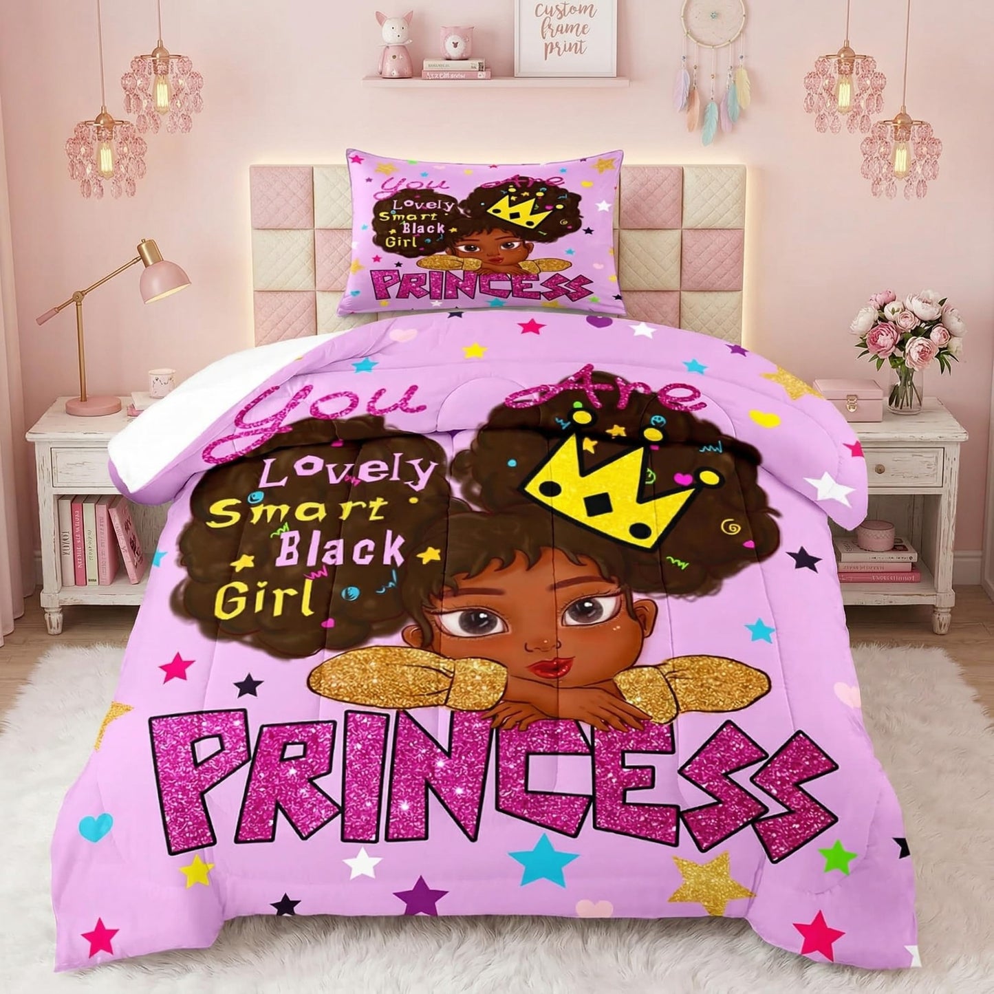Jiospet Black Girl Comforter Sets Twin -African Girls Comforter for Kids Cute Bedding Sets for Princess Room Decor for Girls Bedroom
