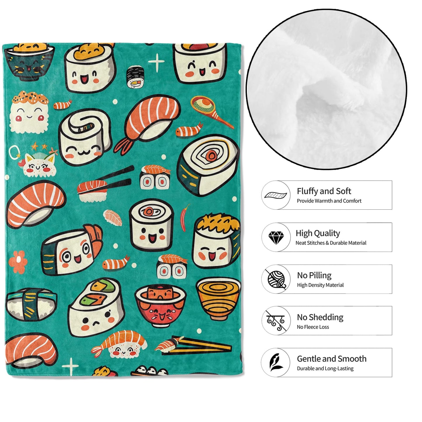 MIEPOS Cute Sushi and Ramen Throw Blanket,50x60in,Soft,Lightweight Flannel,Japanese Food Blankets - Gifts for Kids,for Couch Office Travel,Home Living Room Bed Decor