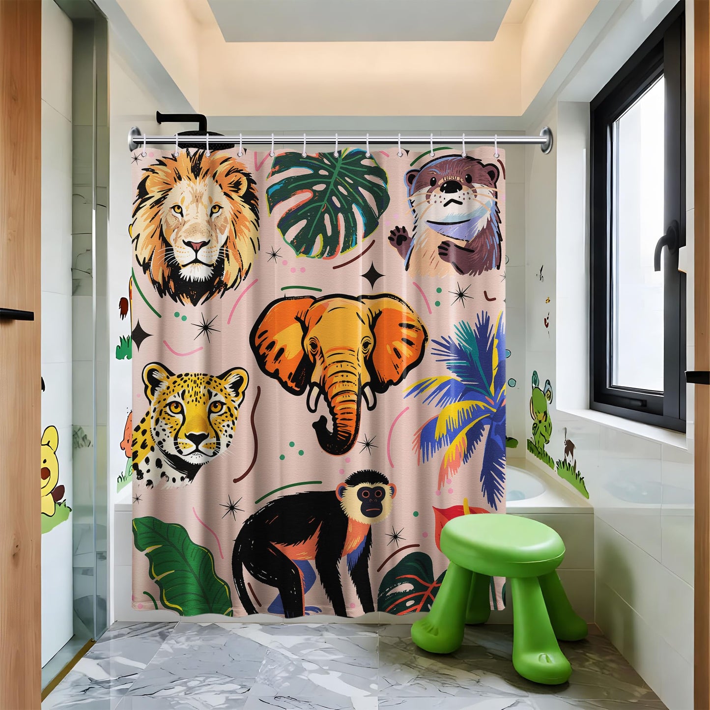 dueeia Animals Shower Curtain Tropical Jungle Wild Leopard Lion Shower Curtains for Kids Bathroom Decor, Waterproof Fabric 70 x 72 inch with Hooks