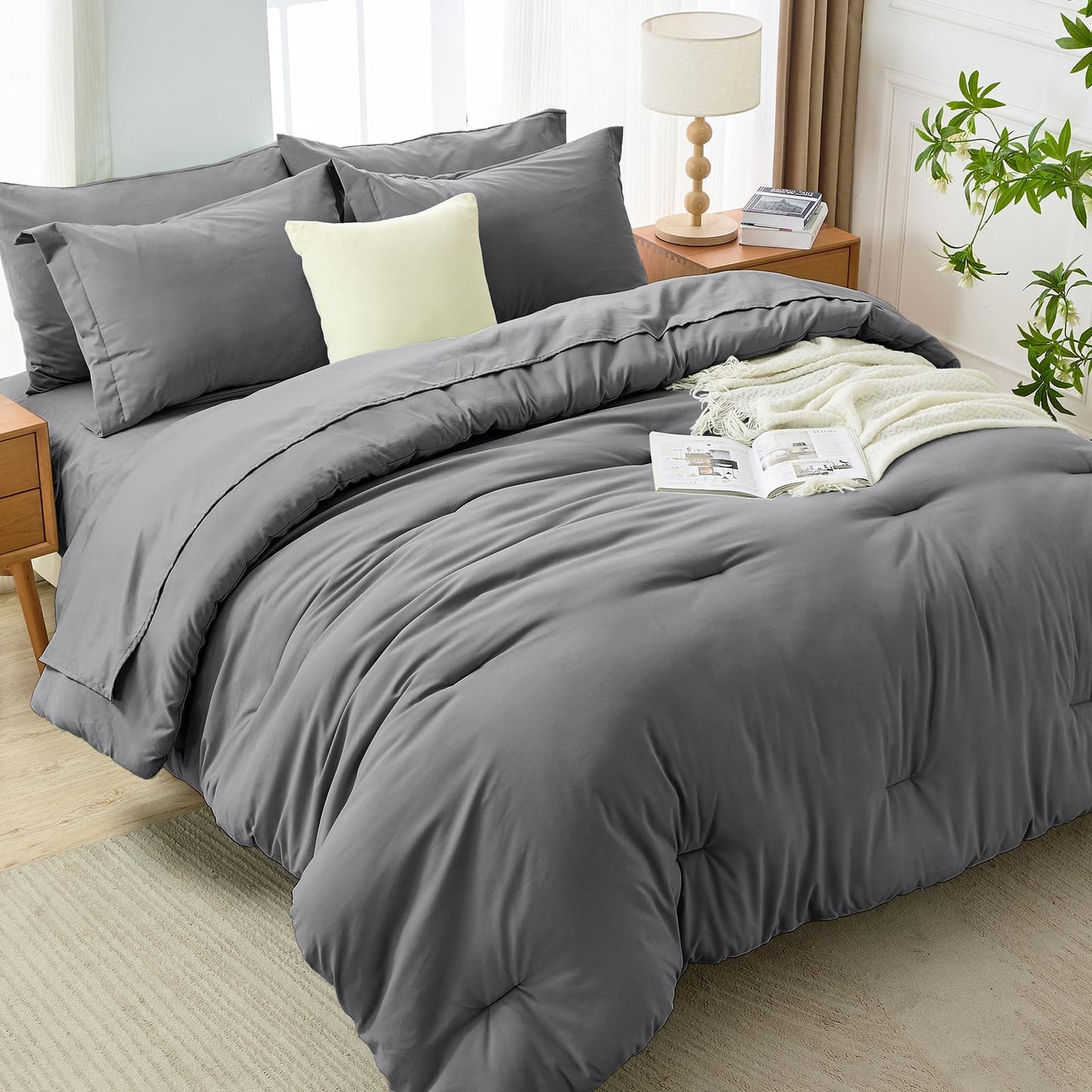 MUXHOMO 7 Pieces King Comforter Set, Soft Bed in a Bag King Size, All Season Bedding Set with Comforter, Flat Sheet, Fitted Sheet, Pillowcases & Shams, Dark Grey