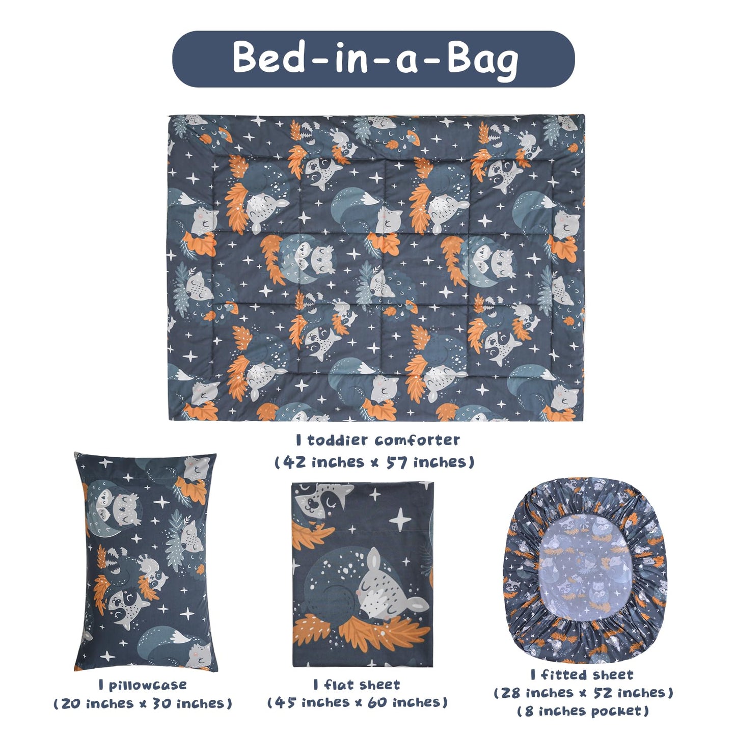 JSD Navy Blue Forest Animals Toddler Bedding Set, 4 Piece Owl Toddler Comforter Sheet Set, Lightweight Breathable Washable