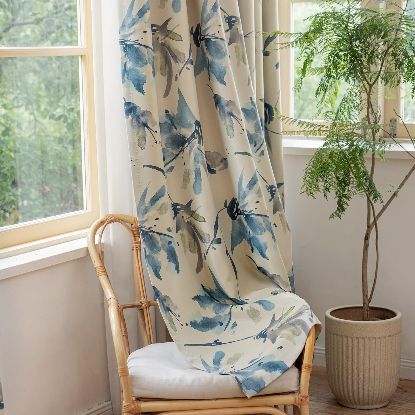 SUOUO Floral Blackout Curtains for Bedroom 84 inches Long Patterned Grey Blue Leaf Room Darkening Window Drapes for Living Room 2 Panels