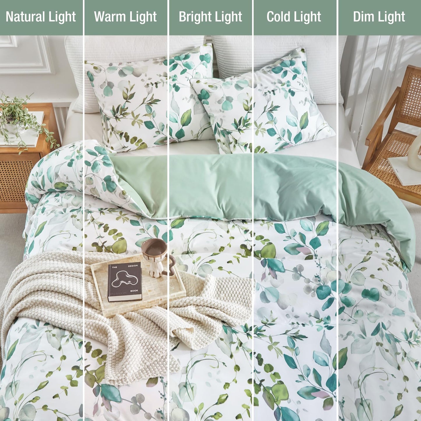 Lekesky Duvet Cover Queen Size, Reversible Botanical Floral Duvet Cover Set with Zipper Closure, 3 Pieces Soft Microfiber Green Bedding Set (1Duvet Cover 90"x90", 2 Pillowcases 20"x26")